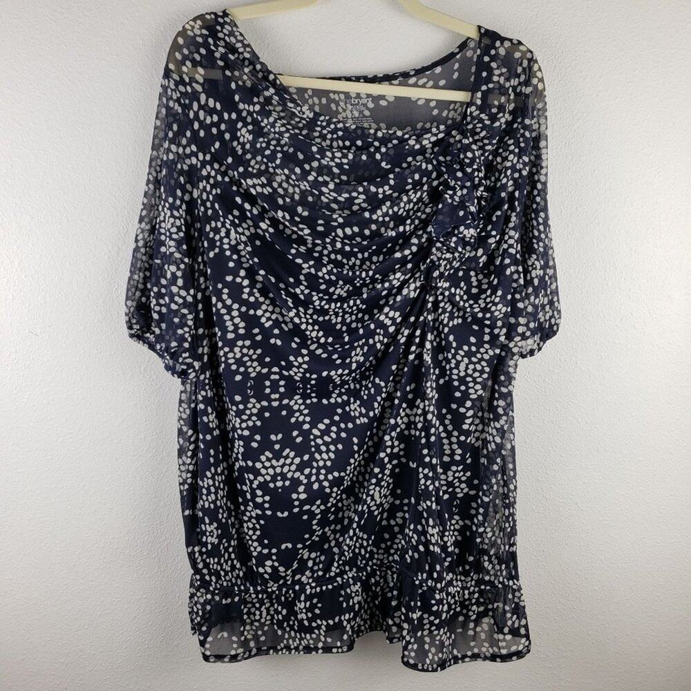 Lane Bryant Womens Size 18/20 Short Sleeve Gathered Peplum Blouse Navy With Dots